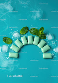 Fresh Mint Gum with Ice Cubes and Green Leaves