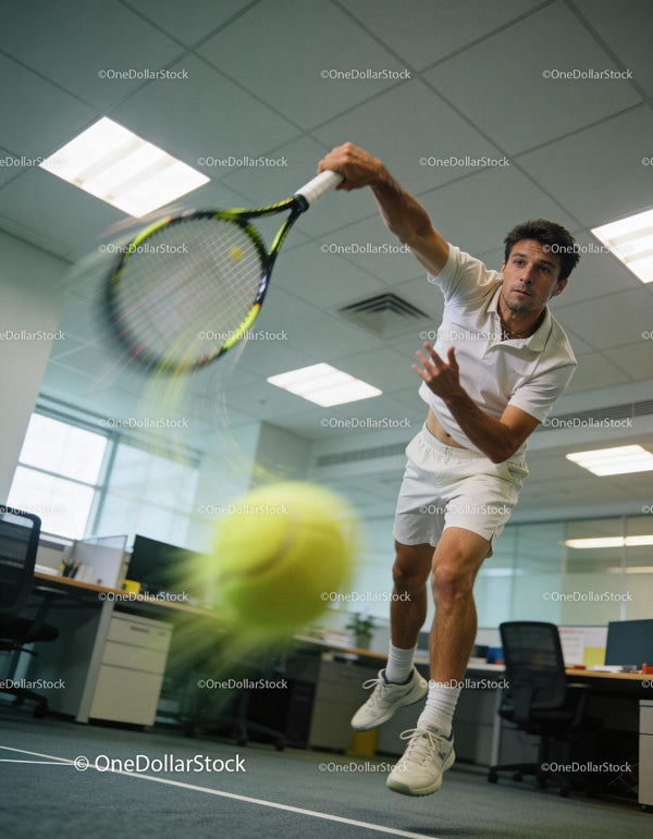 Man Playing Indoor Tennis in Modern Office Space