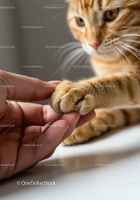 Person touching paw of attentive orange tabby cat
