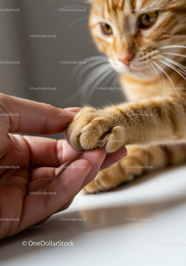 Person touching paw of attentive orange tabby cat