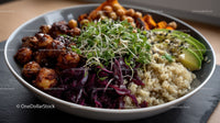 Vibrant Vegan Bowl with Quinoa, Sweet Potatoes and Microgreens