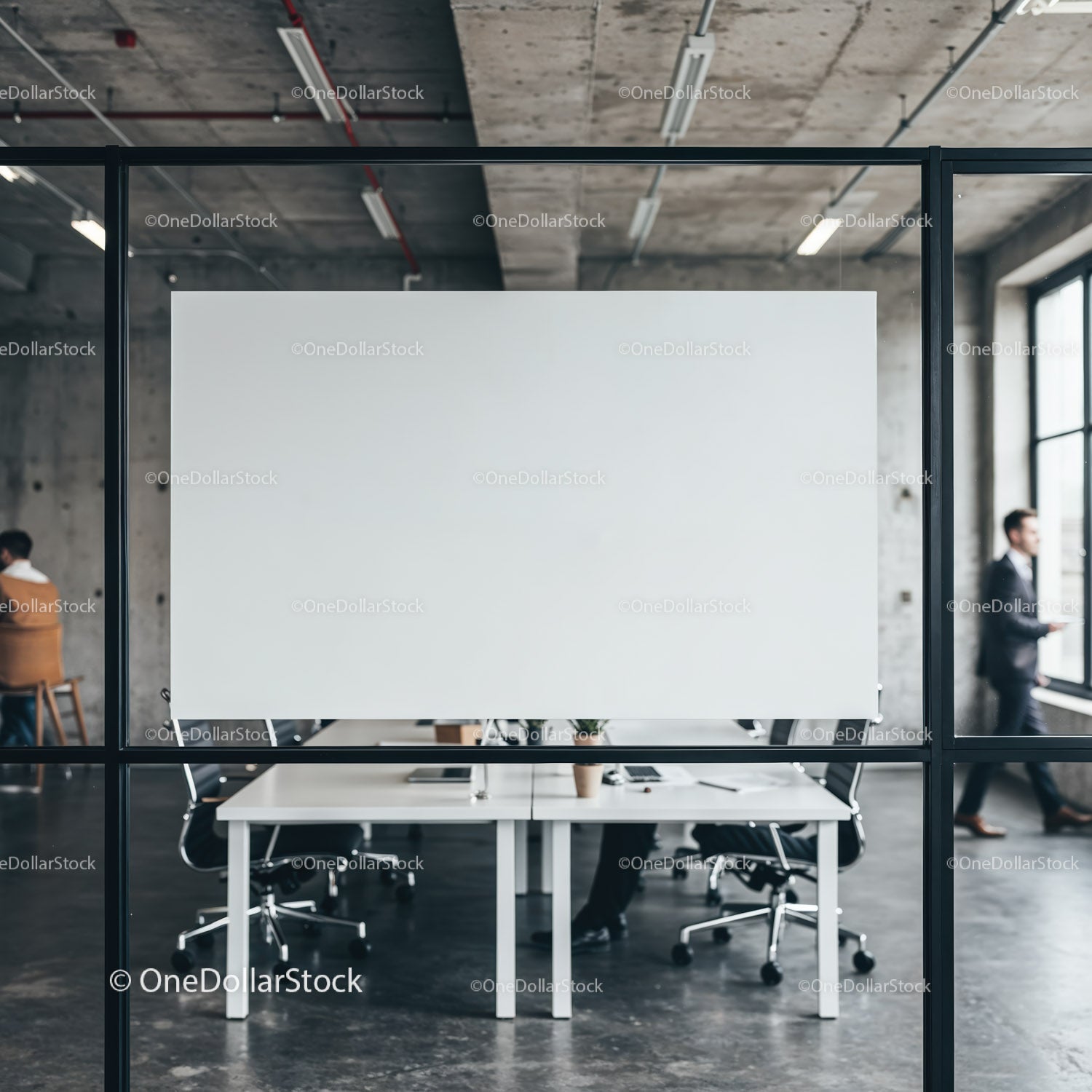 Modern office meeting space with blank whiteboard panel