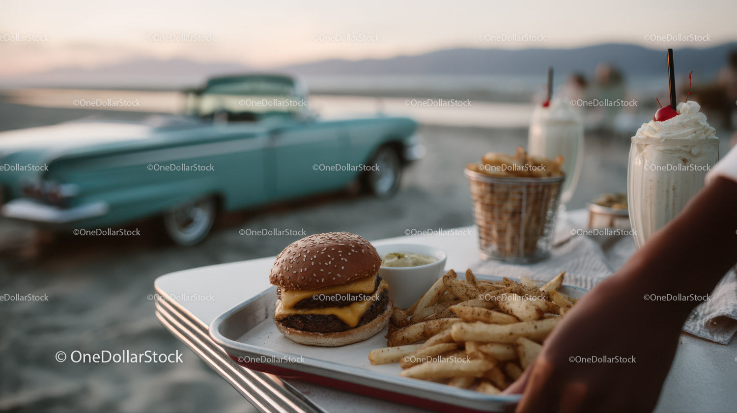 Beachside Cheeseburger French Fries and Milkshake with Classic Car