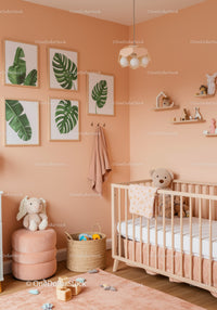 Cozy Baby Nursery with Plush Teddy Bear and Tropical Wall Art