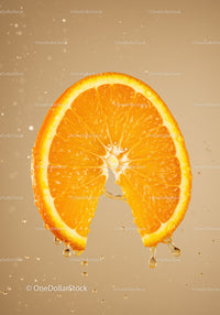 Fresh orange slice dripping juice in motion