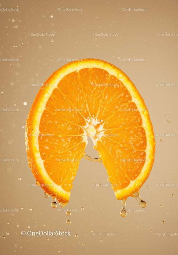 Fresh orange slice dripping juice in motion