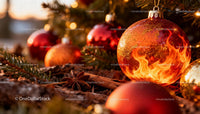 Close-up of Christmas Ornaments with Fiery Glow