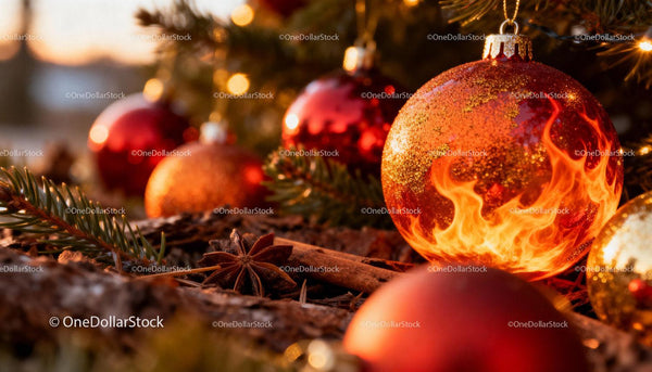 Close-up of Christmas Ornaments with Fiery Glow