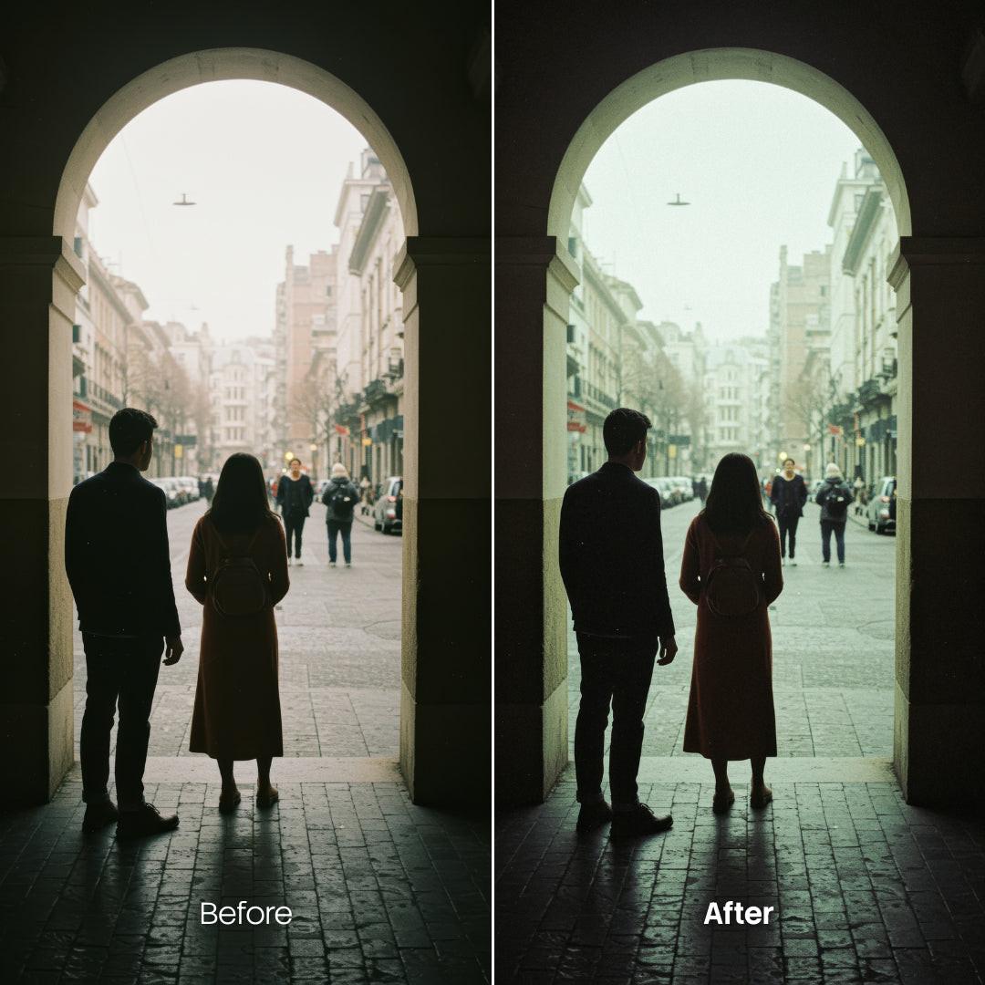 Before and after Film Look LUT Pack effect