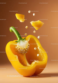 Fresh yellow bell pepper with seeds flying in air