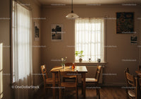 Cozy dining room with sunlight streaming through curtains