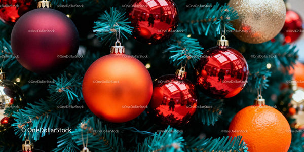Close-up view of Christmas tree decorated with colorful baubles