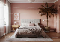 Modern Bedroom with Pink Walls and Elegant Decor Featuring a Large Palm Plant