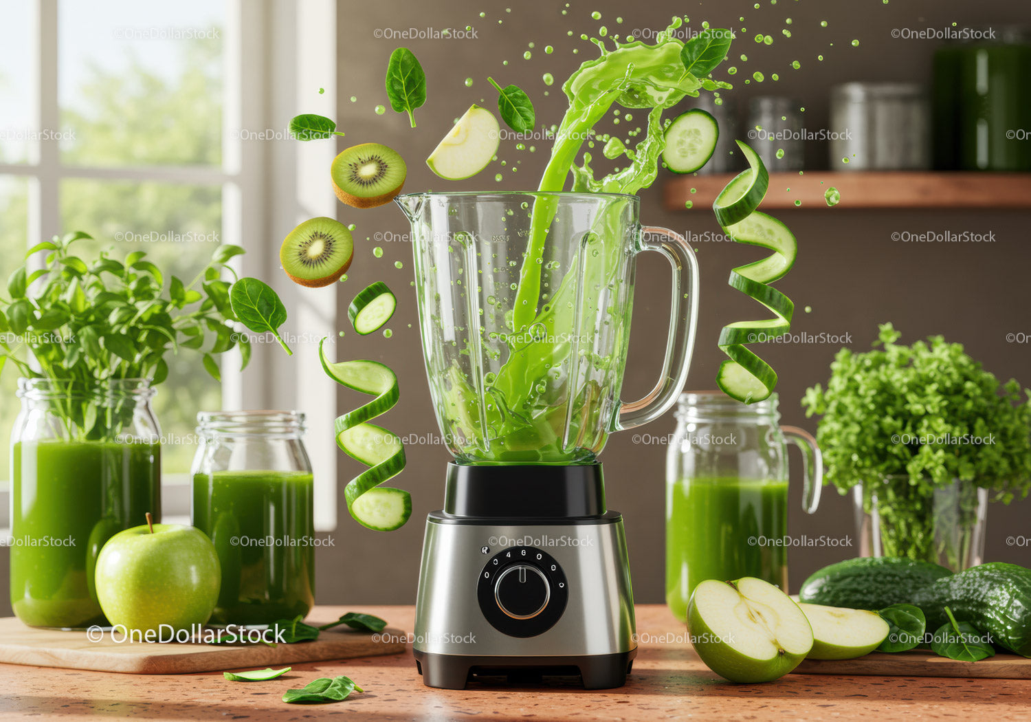Fresh green smoothie ingredients splashing into blender