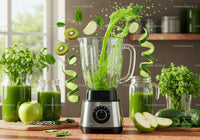 Fresh green smoothie ingredients splashing into blender