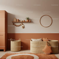 Modern Boho Nursery Room with Woven Baskets and Plant Decor