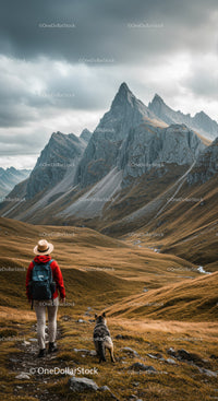 Majestic Mountain Range with Hiker and Dog in Cloudy Landscape