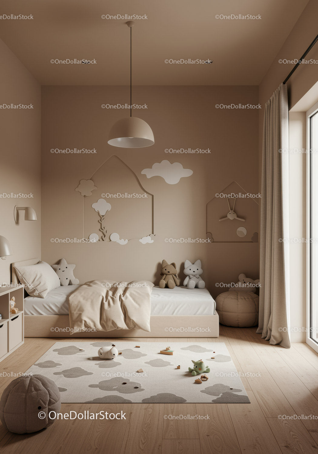 Cute Kid Bedroom with Cloud Wall Art and Plush Toys