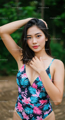 Young Woman in Floral Swimsuit in Jungle Setting for Summer Fashion