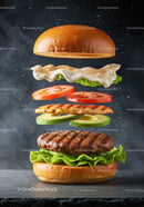 Floating grilled chicken and beef burger ingredients