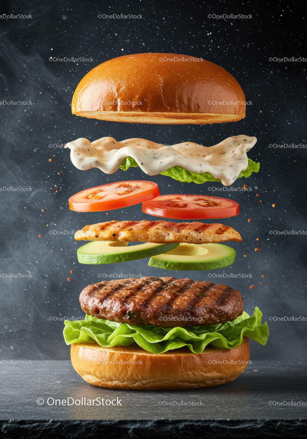 Floating grilled chicken and beef burger ingredients
