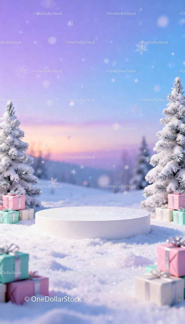 Snowy winter scene with gifts and festive trees