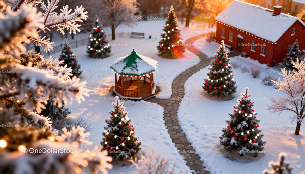 Snowy Winter Garden with Festive Christmas Trees