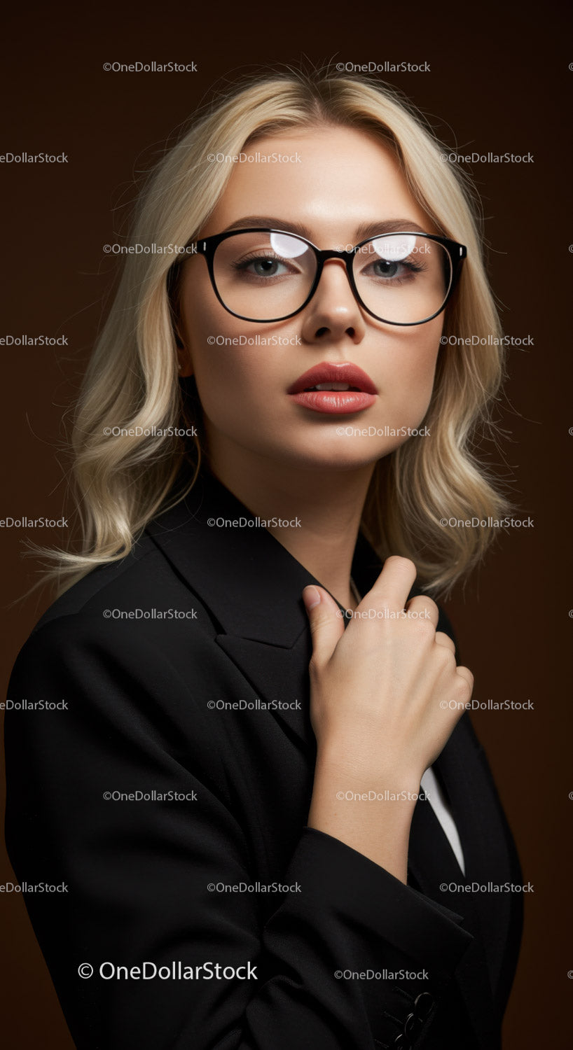 Confident Blonde Woman in Black Blazer with Glasses Portrait