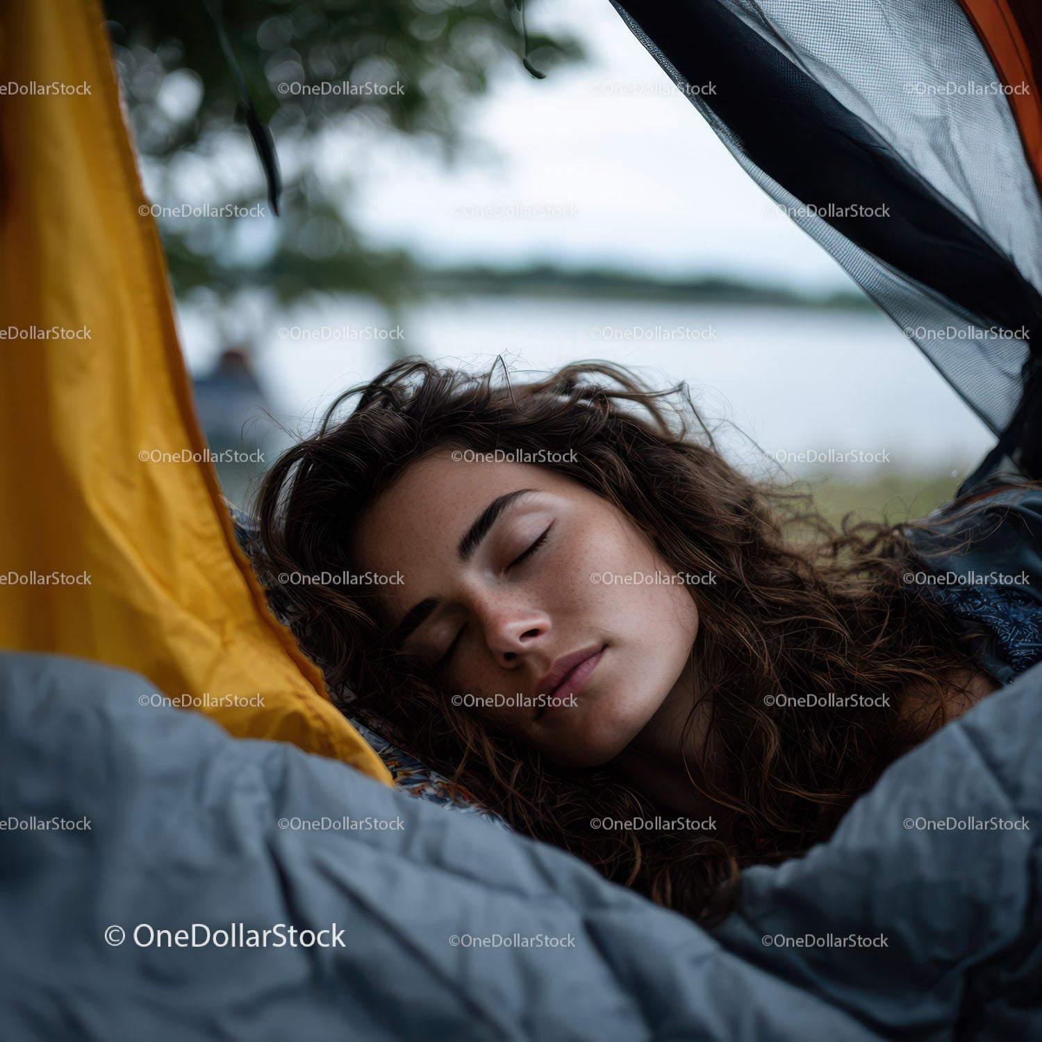 Young Woman Sleeping Peacefully in a Camping Tent in Nature