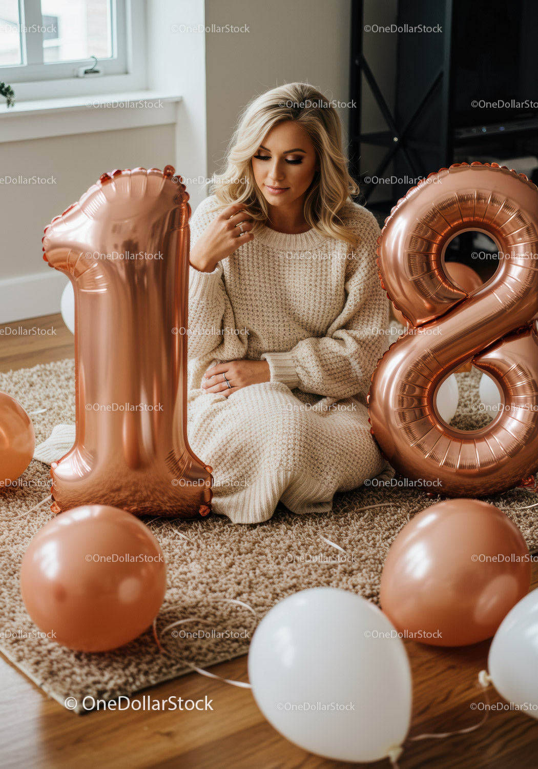 Woman Celebrating 18th Birthday with Balloons Indoors