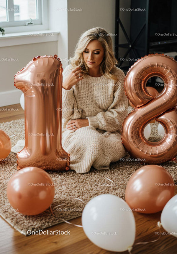 Woman Celebrating 18th Birthday with Balloons Indoors
