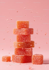 Stack of orange sugar-coated gummy cubes against pink