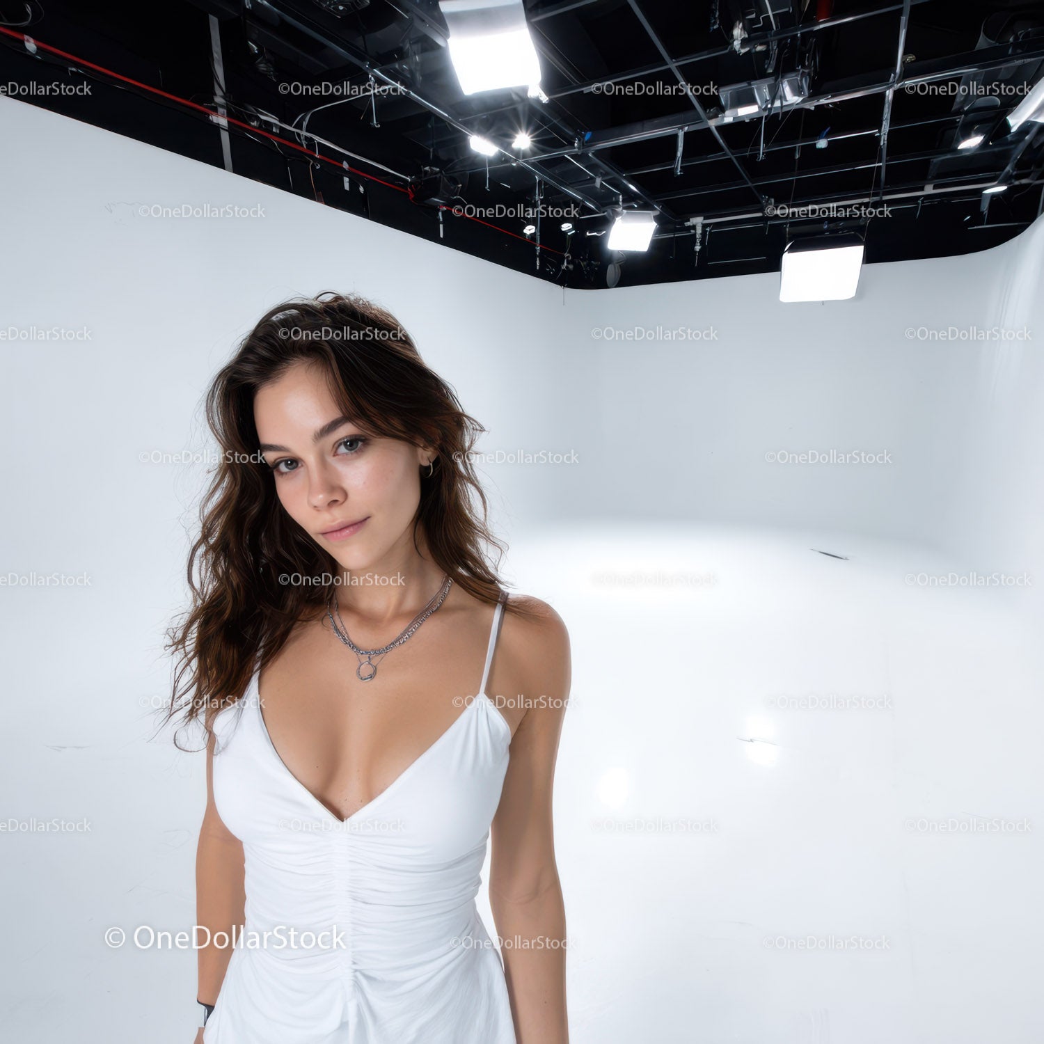 Young Woman in White Dress Studio Portrait with Fashionable Style
