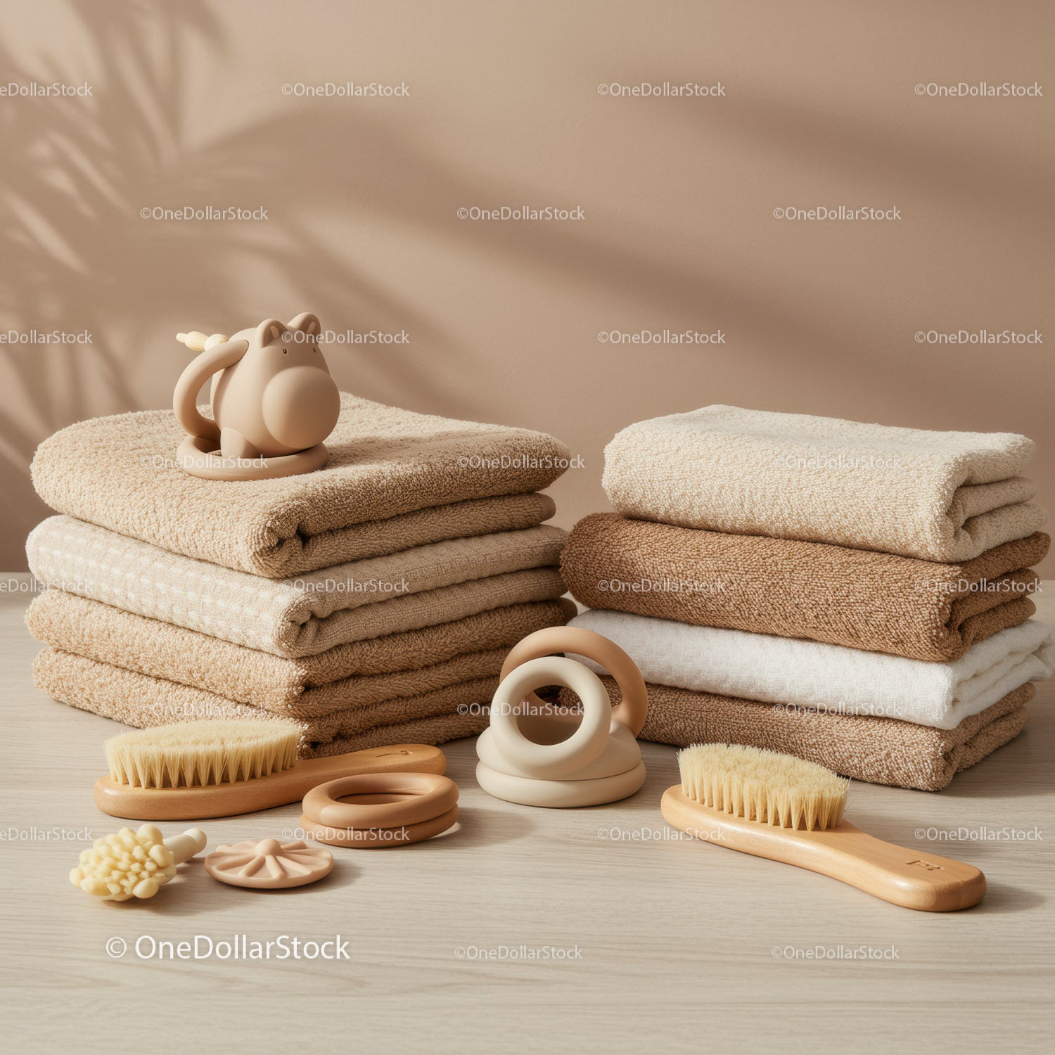 Stack of Soft Neutral Towels with Wooden Brushes and Toys