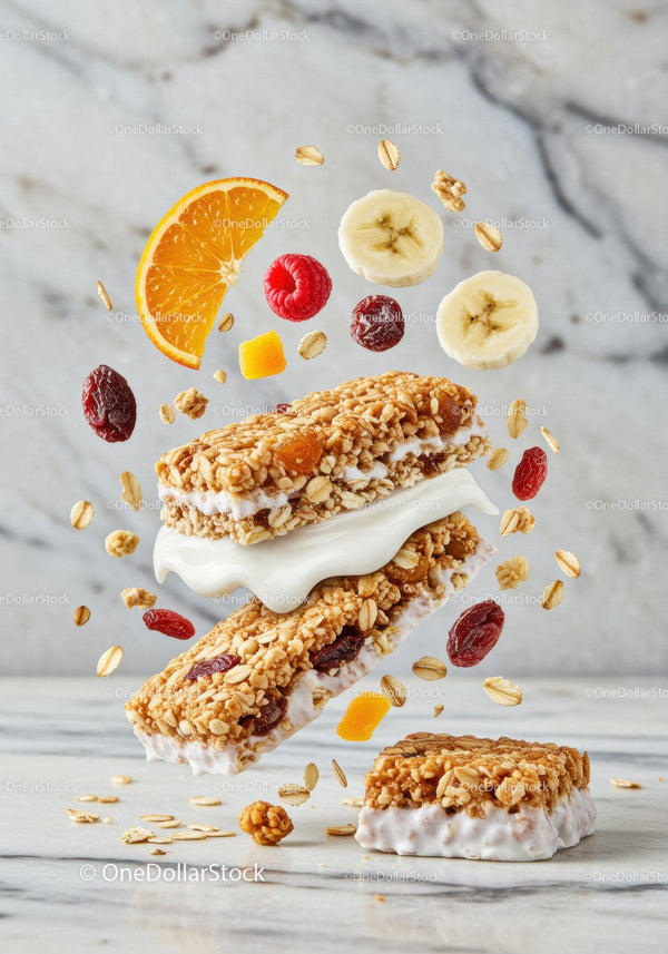 Healthy granola bars with fresh fruits and yogurt cream