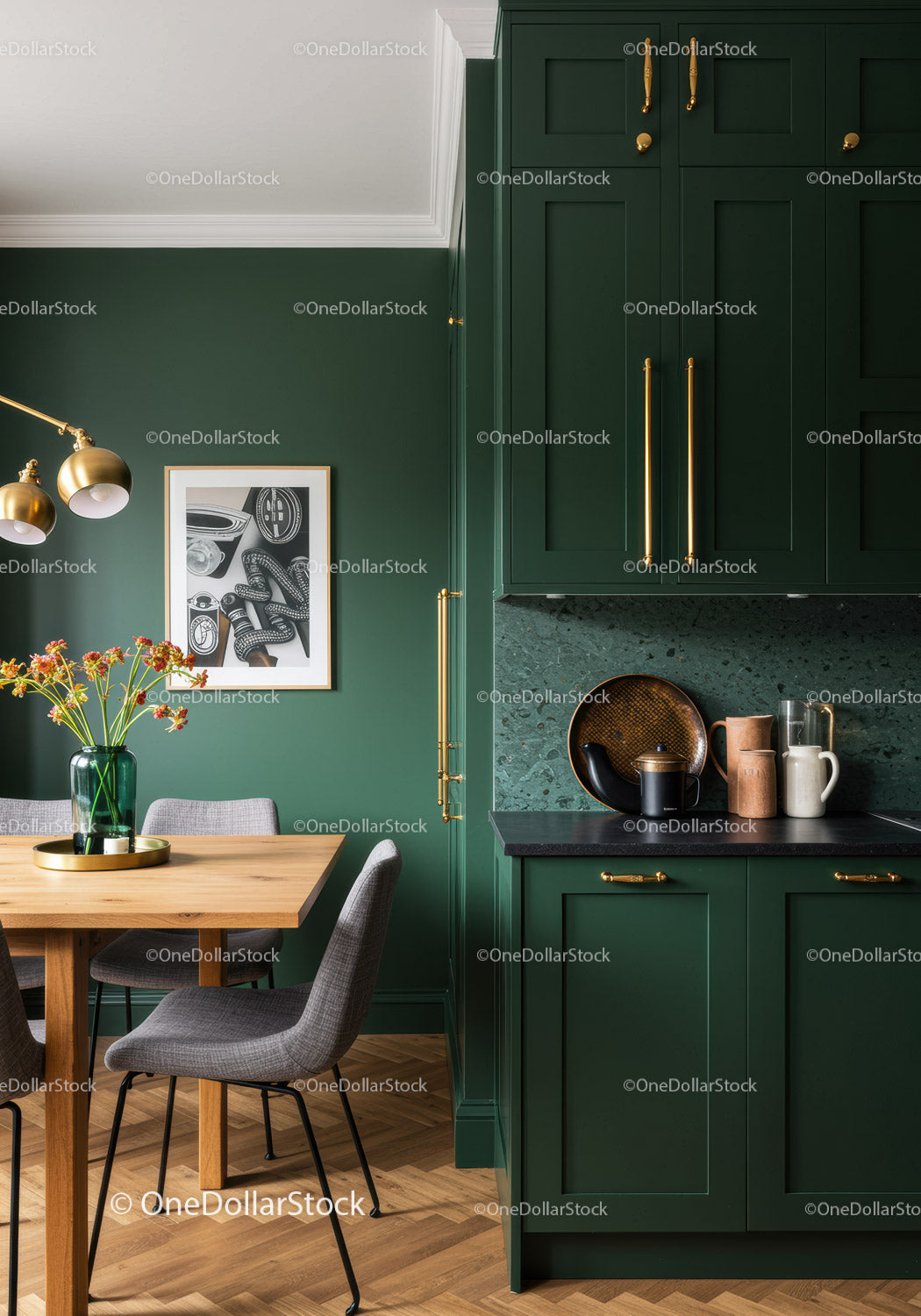 Elegant Green Kitchen with Wooden Dining Table and Gold Accents