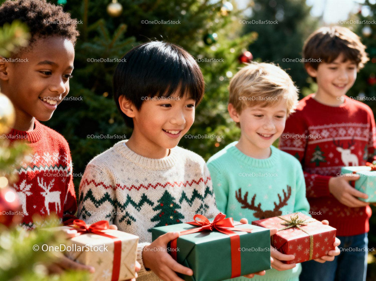 Children exchanging holiday gifts outdoors near Christmas trees