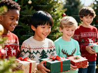 Children exchanging holiday gifts outdoors near Christmas trees