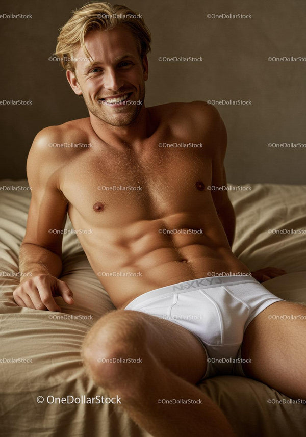 Smiling young man relaxing on bed in white underwear