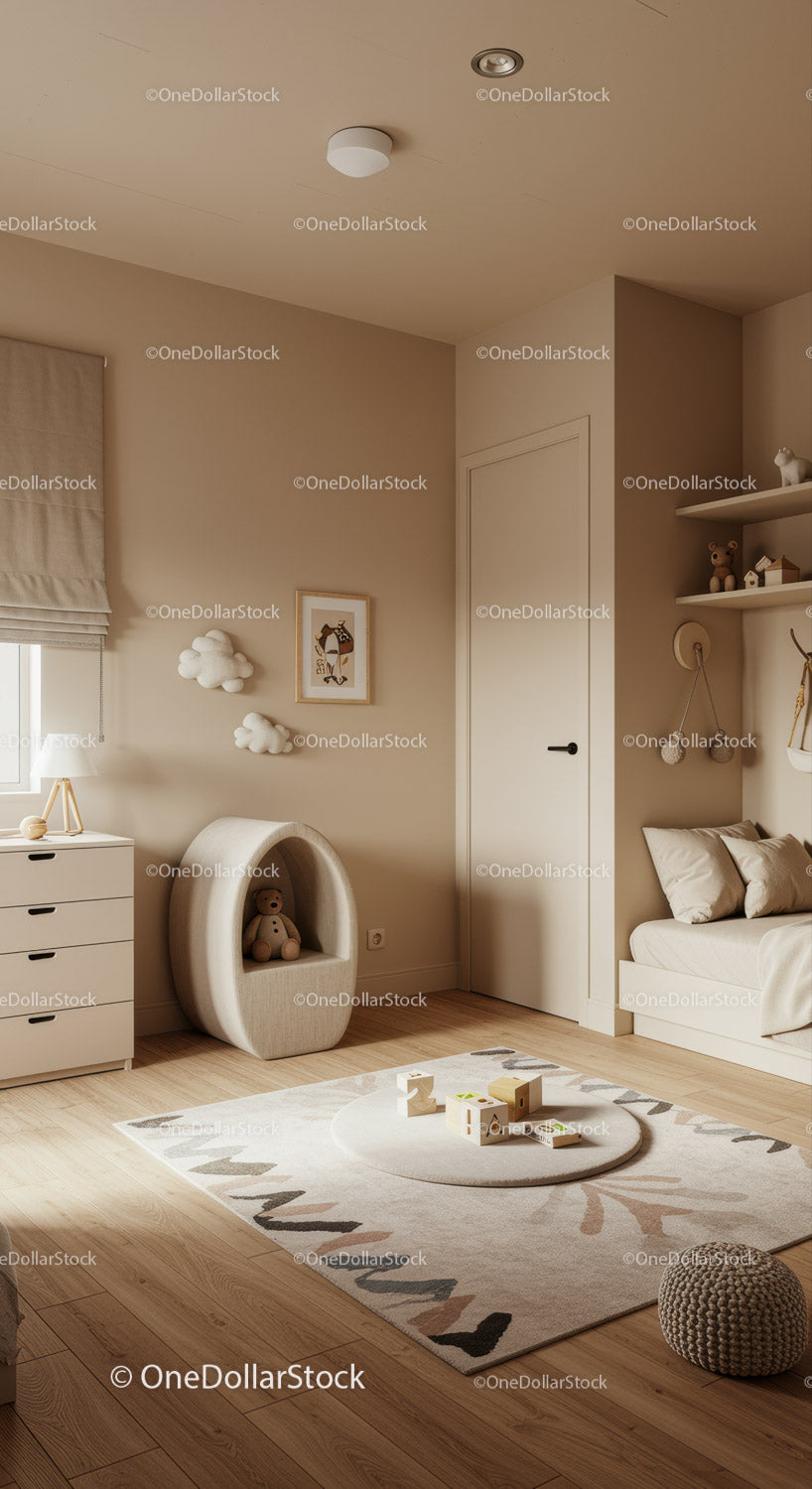 Modern Child's Nursery Room with Cloud Decor and Cozy Elements