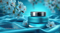 Refreshing Cosmetic Jar with Cherry Blossoms on Blue Silk