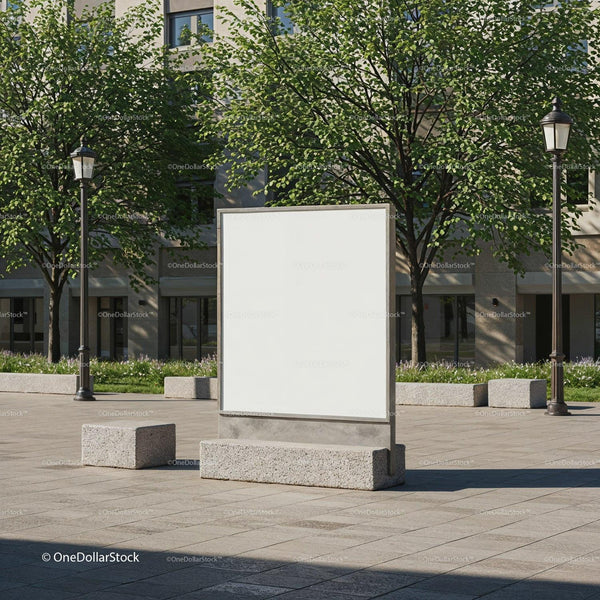 Blank Urban Billboard Surrounded by Green Trees and Lamps JPG Mockup Image