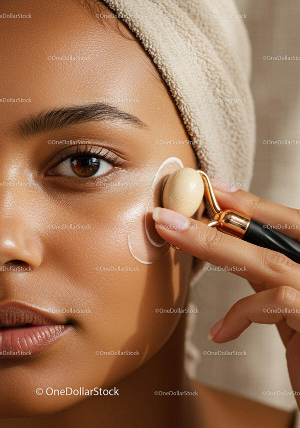 Close-Up of Woman Using Facial Roller on Cheek for Skin Rejuvenation