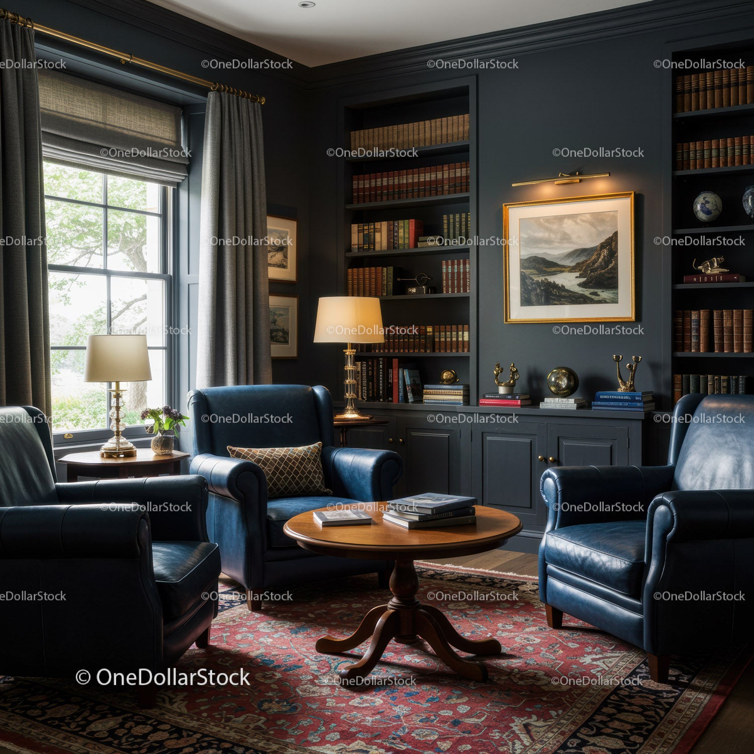 Cozy reading nook with leather chairs and classic shelves