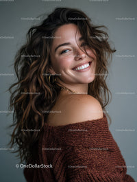 Joyful Woman Smiling Portrait with Curly Hair and Warm Expression