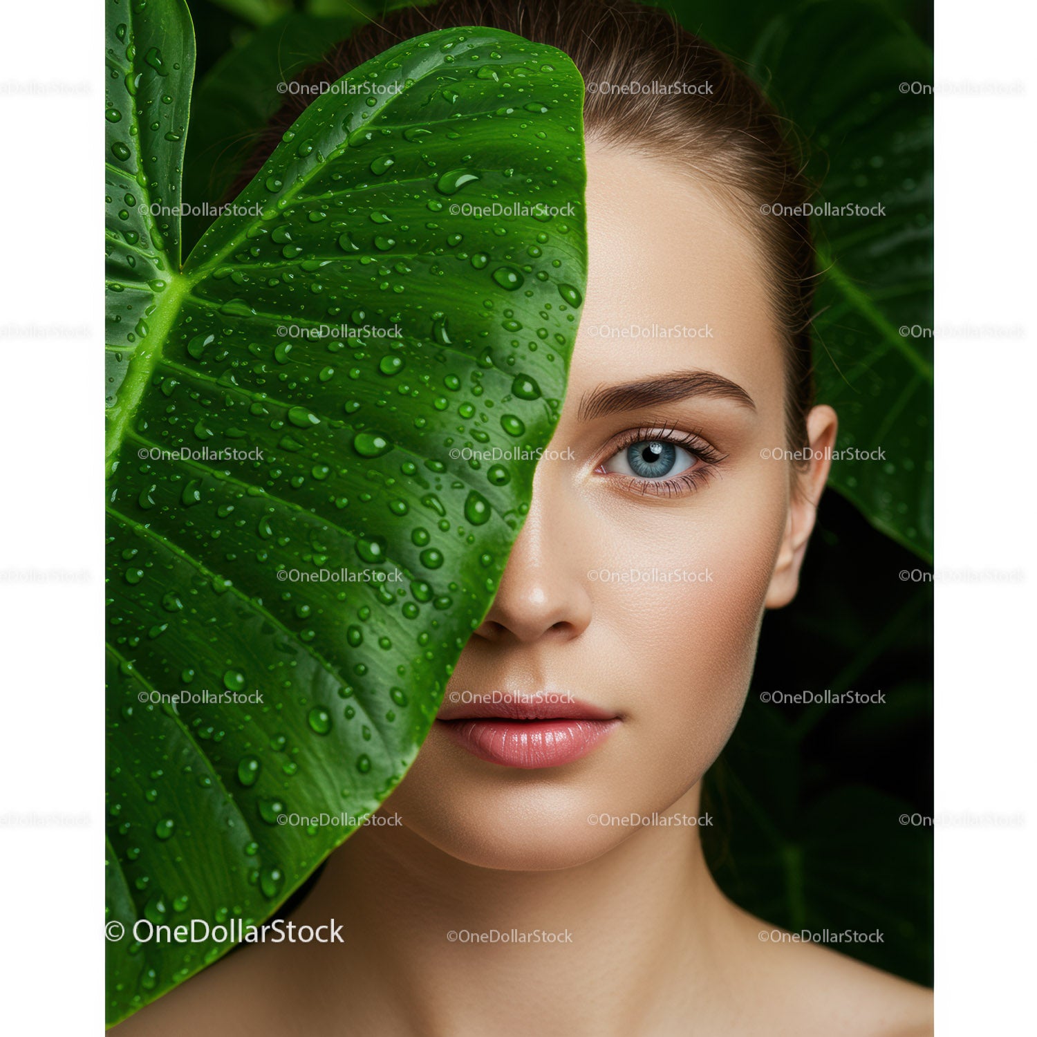 Close-up of Woman with Blue Eyes and Large Green Leaf with Water Droplets