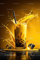 Vibrant Bubble Tea with Splashing Yellow Drink and Tapioca Pearls