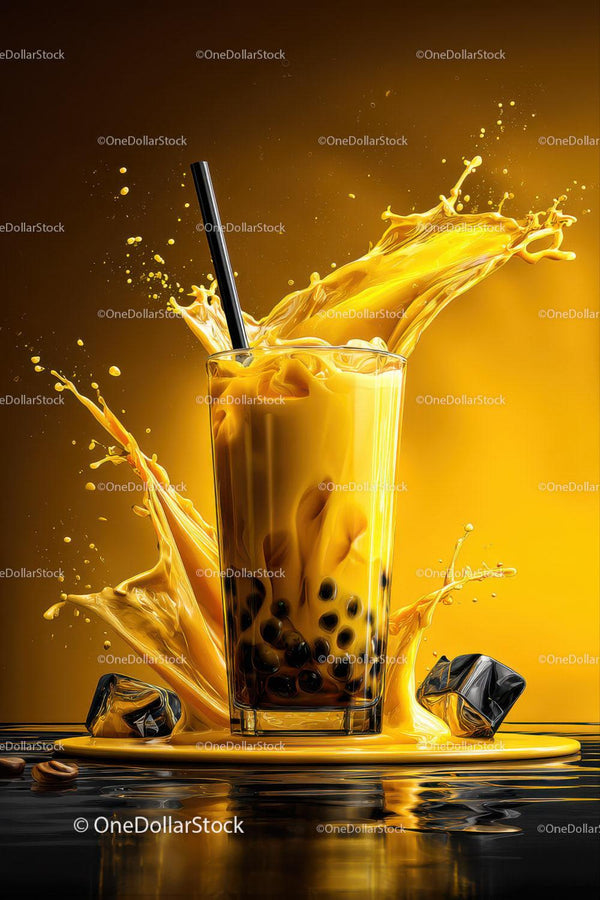 Vibrant Bubble Tea with Splashing Yellow Drink and Tapioca Pearls