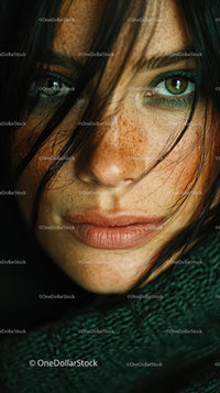 Close-Up of Young Woman with Green Eyes and Freckles