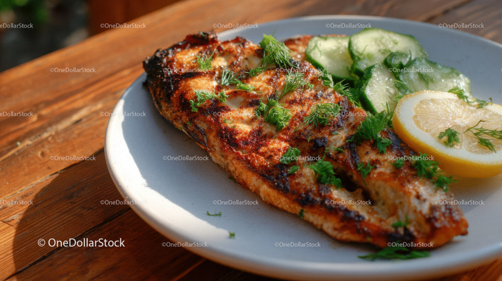 Grilled Fish with Cucumber Slices on Rustic Wooden Table